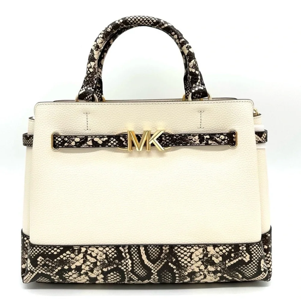Michael Kors Large Reed Leather Belted Satchel Crossbody Bag Cream Snakeskin